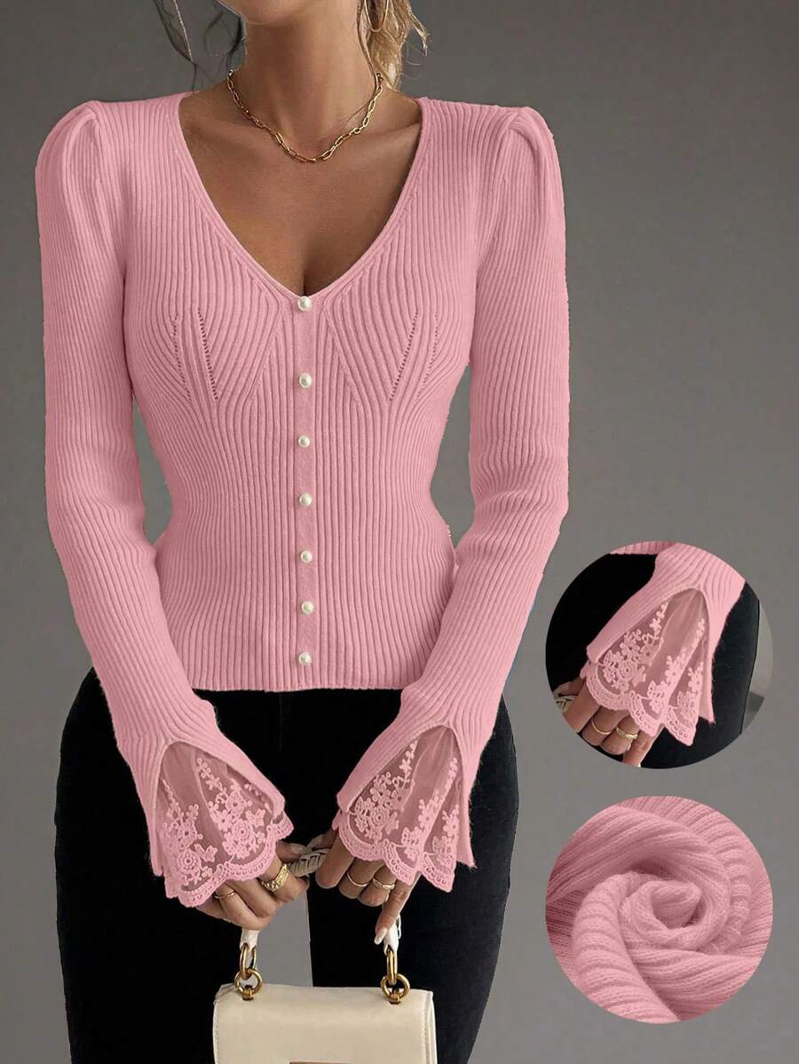 EMERY ROSE Áo len dệt kim tay bồng cổ chữ V phối ren Pháp, đính ngọc trai, dài tay - Hồng - Xem 1