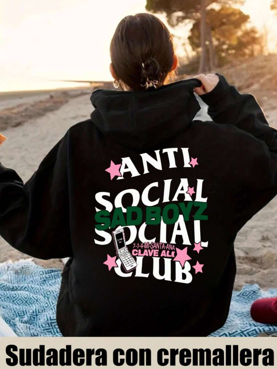 KID005-1|Navidad|1 pieza Abrigo infantil / Chaqueta con capucha para niños|Sudadera negra con diseño atrevido y mensajes únicos, "ANTI SOCIAL SADBOYZ SOCIAL CLUB", ideal para expresar un estilo distinto y cautivar a los seguidores de la moda urbana - Negro - Ver 1