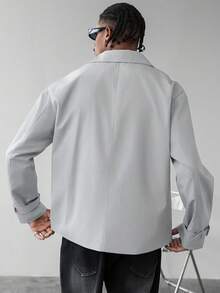 Manfinity Homme 男士休闲日常通勤时尚简约纯色翻领双排扣风衣，秋季款 - 灰色 - 查看 2