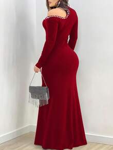 INAWLY Solva Sexy Mature Fitted Cold Shoulder Rhinestone Decor Stand Collar Dress, Elegant Long Sleeve Women Dress Dinner Party Night Dark Red Autumn - Burgundy - View 2