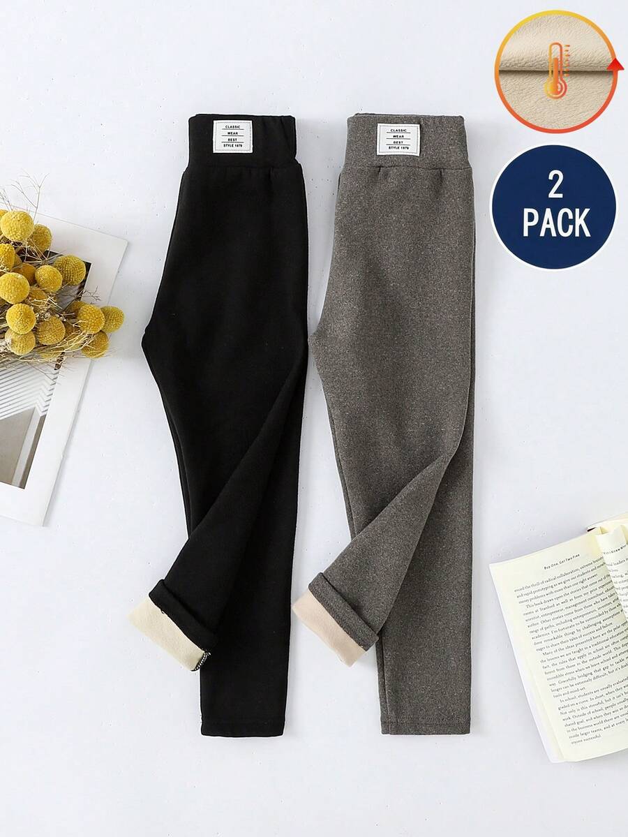 Genkimix Kids 两件装女童打底裤，刺绣蝴蝶结图案，天鹅绒面料，适合日常休闲穿着，秋冬季节。 - 卡其色 - 查看 1