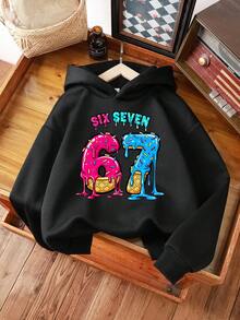 SHEIN 秋冬季少女休闲时尚创意个性化清新高端彩色67颗糖果珠字母印花舒适套头连帽卫衣，秋冬季穿着舒适 - 黑色 - 查看 4