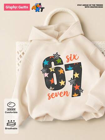 GraphicGems Gemütlicher Herbst- & Winterstil für Kleine Tween Mädchen, lässige Mode, kreativ, personalisiert, frisch, schick, minimalistisch, Nummer 67, farbiges Pentagramm, Schriftzug-Grafik-Muster, entspannter Kapuzenpullover, bequem, geeignet für Herbst/Winter