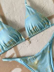 Swim Vcay 2026 Spring/Summer Blue & Gold Metallic Spaghetti Strap Backless Side High Cut 2pcs Bikini Set Turquoise Bikini Aqua Bikini - Blue - View 5