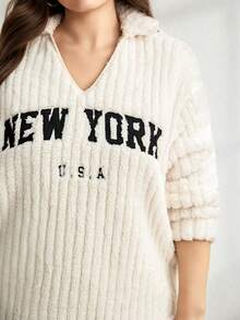 SHEIN LUNE Plus Size 2pcs/Set Solid Color Lapel Long Sleeve Top And Pants Casual Outfit,Winter Thermal Lined Knit Sweater Lounge Wear Sets,Black And White School - Multicolor - View 5