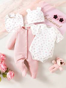 SHEIN Cute Summer Newborn Baby Girl Clothes Set,Pink And Red Floral 3pcs Short Sleeve Romper,Gentle Pink Bodysuit&Bib,Premie Outfits For Baby Shower - Multicolor - View 1