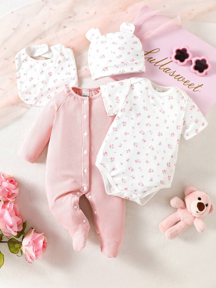 SHEIN Cute Summer Newborn Baby Girl Clothes Set,Pink And Red Floral 3pcs Short Sleeve Romper,Gentle Pink Bodysuit&Bib,Premie Outfits For Baby Shower - Multicolor - View 1