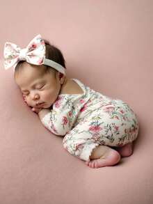 SHEIN Bộ 2 bộ đồ liền thân chụp ảnh trẻ sơ sinh viền ren có băng đô nơ in hoa trang phục chụp ảnh cho bé gái dùng để chụp ảnh trẻ sơ sinh - Nhiều màu - Xem 4