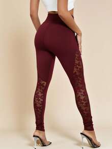 Amorya Women's Solid Color High Waist Contrast Lace Leggings - Maroon - View 5