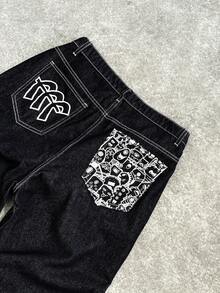 Manfinity EMRG Jeans ample à jambe large imprimé bleu foncé, streetwear pour hommes