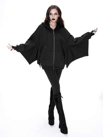 Breakform Women's Punk Style Hooded Drawstring Batwing Sleeve Metal Zipper Pocket Sweatshirt, Suitable For Daily And Holiday Wear