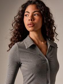 AiiRZ Collared Button Front Long Sleeve Striped Top With Horizontal Stripes Perfect For Fall Winter Layering - Dark Grey - View 3