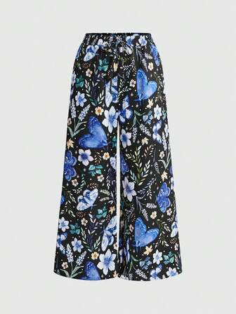 Pantaloni da donna con stampa all-over di farfalle, falene, piante e fiori, di stile fairycore, pantaloni casual da vacanza per l'autunno/inverno, taglie forti