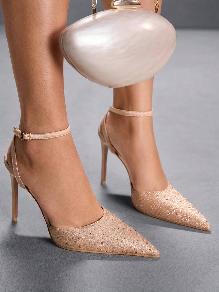 CUCCOO SZL Champagne Satin Color Block Rhinestone Embellished Pointed Toe Hollow Out Stiletto High Heel Pumps, Elegant Evening Party Fashion Sexy For Christmas