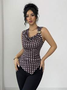 Islaluna Chic Women's Cowl Neck Polka Dot Knitted Tank Top In Brown Asymmetrical Regular Length Casual Style - Brown - View 4