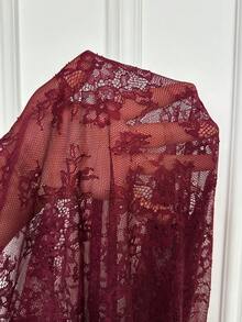 Seduluxe 3pcs Set: Mesh Sleeve Lace Robe + Sexy Lace Short Sleeve Shorts, Plus Size - Maroon - View 4