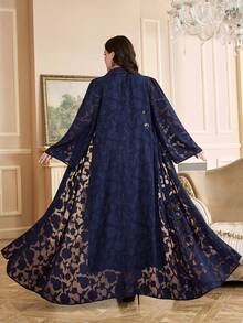 Al Najma Áo choàng Abaya Ả Rập dáng rộng, thắt eo, tay dài, cỡ lớn dành cho nữ - Màu xanh hải quân - Xem 3