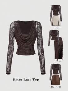 SHEIN MOD Maglietta a maniche lunghe aderente con colletto arricciato in pizzo marrone autunnale da donna - Castano - Visualizzare 1