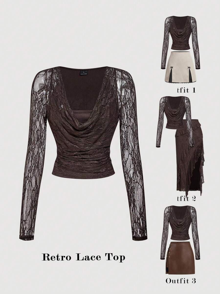 SHEIN MOD Maglietta a maniche lunghe aderente con colletto arricciato in pizzo marrone autunnale da donna - Castano - Visualizzare 1