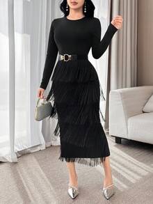 Feyla Đầm ôm cổ tròn tay dài họa tiết tua rua thanh lịch dành cho nữ - màu đen - Xem 2