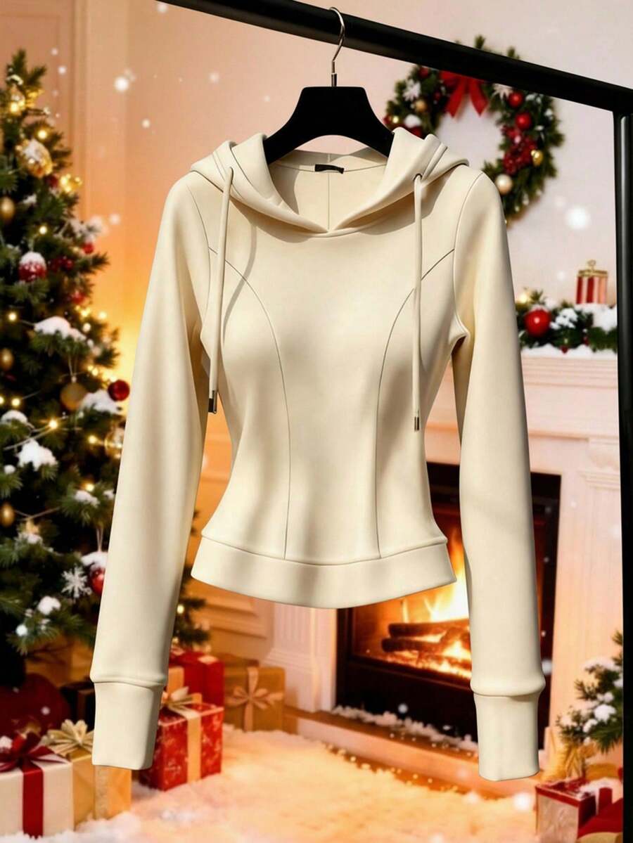 Franclia Quần short ôm vừa vặn màu mơ trơn đơn giản dành cho nữ và áo nỉ dài tay, thích hợp mặc hàng ngày, đi làm, xuân/thu, thu/đông, áo nỉ lót dày - Màu be - Xem 1