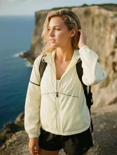 In My Nature Women's Color Block Zipper Hooded Long Sleeve Windbreaker Women Running Jacket Women Sports Jacket Lightweight Jacket Women Sun Protection Jacket Uv Jacket Light Yellow Reflective Detail