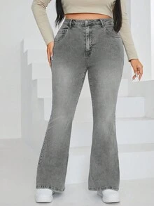 Jeanoix Plus Size Women Pockets Button Slim Fit Flared Jeans, Versatile For Daily Wear - Grey - View 6