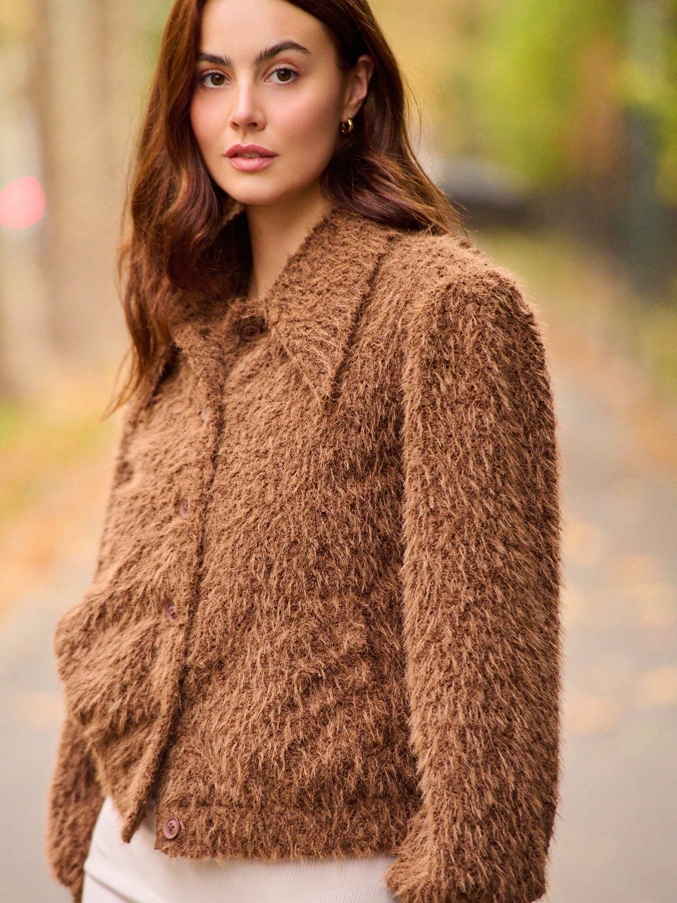 Brown Faux Fur Jacket With Wide Collar And Front Button Closure Spring Summer Look Brown Jacket Fluffy Brown Jacket Going Out  New Year