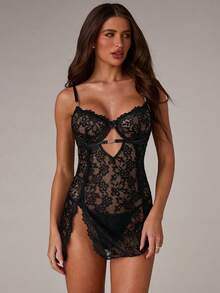 SHEIN BAE Bộ đồ lót lưới ren tương phản 2 món kèm váy có gọng và quần lọt khe gợi cảm dành cho nữ khi đi chơi - màu đen - Xem 6