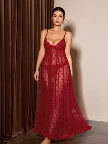 SHEIN Slumberist Women's Sexy 3D Floral Lace Patchwork Heart Mesh Camisole Nightgown Spigettie Strap Lace Night Gown Sheer Dress Women Red Night Gown Long Lingerie Dress Sheer Nightgown