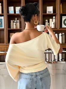 Muchica Women's Asymmetrical Neck Ruched Crop Top For Going Out, Streetwear - Light Yellow - View 2
