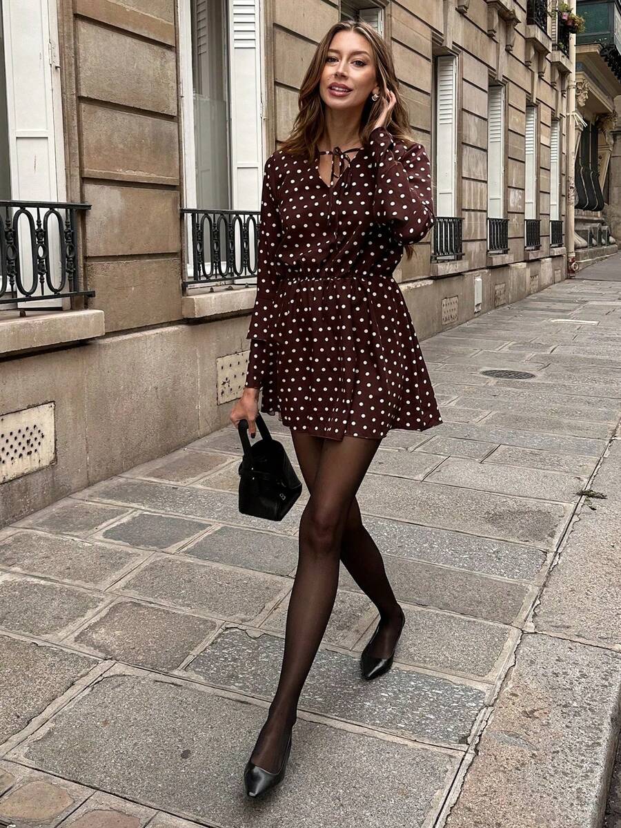 SHEIN Tall 女士波点印花系领长袖休闲短裙 - 咖啡 - 查看 1