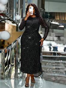SHEIN CURVE+ Đầm lưới bóng cổ tròn tay dài, xếp nếp thắt eo cỡ lớn cho nữ, đầm đen thanh lịch, thích hợp cho tiệc Giáng sinh, trang phục dự tiệc cưới - màu đen - Xem 7