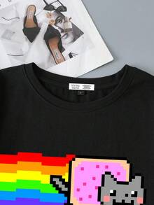 Nyan Cat X SHEIN 女士休闲宽松圆领短袖T恤，适合夏季