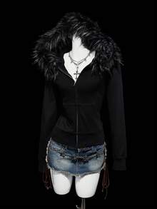 SHEIN ICON 女士复古毛领拼接常规外套 - 黑色 - 查看 3