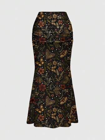 Fairycore Jupe moulante plissée imprimée soleil et lune, papillon brun café, plante sombre plissée, inspirée de la nature, pour l'automne/hiver pour femmes