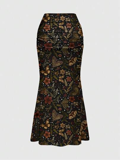 Fairycore Naturinspirierte Herbst/Winter Pflanze, dunkel gerüschte Pflanze, kaffeebraune Schmetterling, Sonne & Mond Vollprint gerüschter Bodycon Rock für Frauen