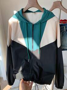 SHEIN EZwear Colorblock Zip Up Drawstring Hooded Jacket In Fall/Winter - Multicolor - View 6