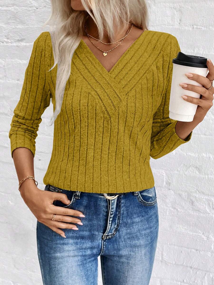 SHEIN LUNE LUNE V领磨毛罗纹女式上衣,跨境电商秋冬新品 - 芥末黃 - 查看 1