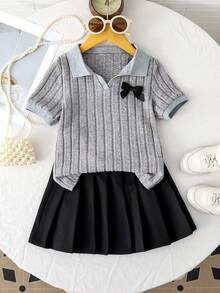 Genkimix Kids 两件套V领针织短袖上衣和褶皱可爱蝴蝶结半身裙套装 - 彩色 - 查看 1