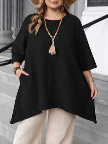 SHEIN CURVE+ 大码女式纯色圆领七分袖口袋宽松衬衫/2026/新年 - 黑色 - 查看 9