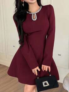 Feyla Elegant Rhinestone Decor Waist Cutout Neck Slim A-Line Short Dress, Suitable For Parties - Burgundy - View 5