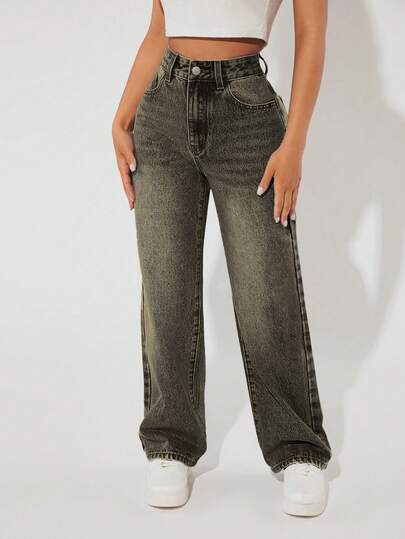 SHEIN PETITE Jeans rectos de cintura alta lavados de manera casual