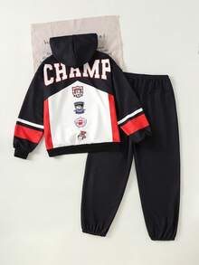 SHEIN 男童字母印花正面图案后背连帽卫衣搭配休闲运动裤套装，时尚户外运动及日常穿着之选