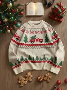 SWAVVY Pulover casual bărbătesc la modă cu model de brad de Crăciun, guler rotund, mânecă raglan, toamnă/iarnă