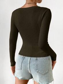 Women's Slim Fit Button Front Ribbed Cardigan, Casual Long Sleeve - Army Green - View 2