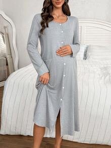 Moonlight&Mama Camisón de maternidad de manga larga con bolsillos dobles de punto de unicolor - Gris - Ver 4