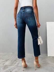 EURMUSE 女士简约日常牛仔裤，饰有猫须图案 - 霧霾藍 - 查看 2