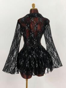 Amplova Frauen Große Größen Blumen Spitze Kragen Glockenärmel Einreiher Top und Rüschen Saum Mini Rock Sexy 2-Teiliges Set - Kaffeebraun - Übersicht 8