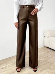 EURMUSE Women's Solid Color Front Button Pocket High Waist Casual Pants, Simple Design For Daily Wear